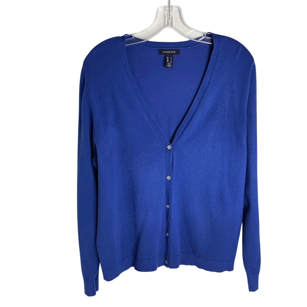 Lands End Womens‎ Royal Blue V-Neck Button Front Cardigan Sweater Size L 14-16